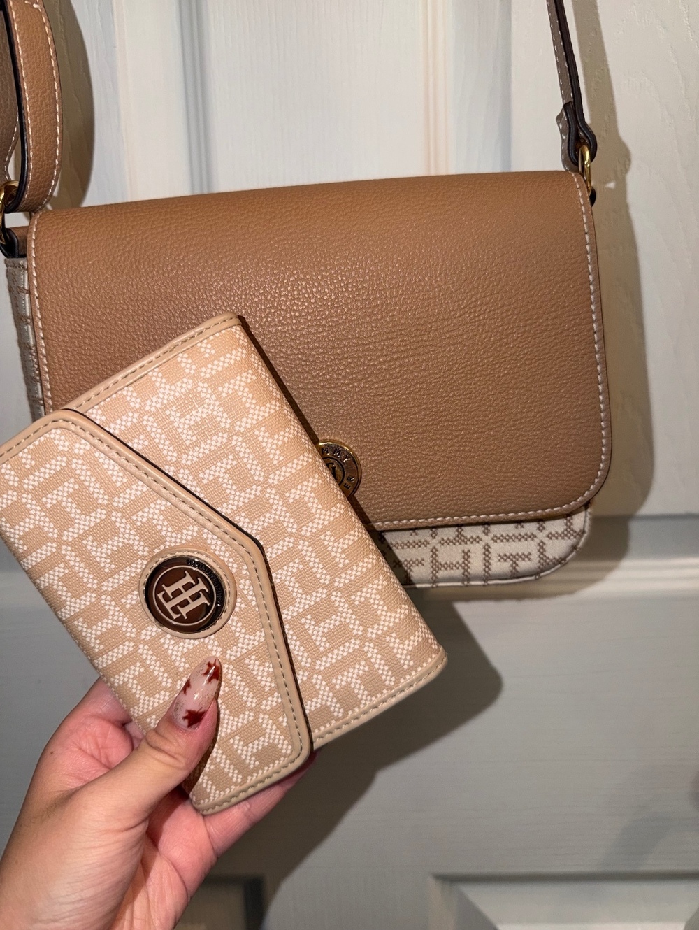 Tommy Hilfiger Monogram Crossbody Bag & Matching Wallet Set Tan Beige